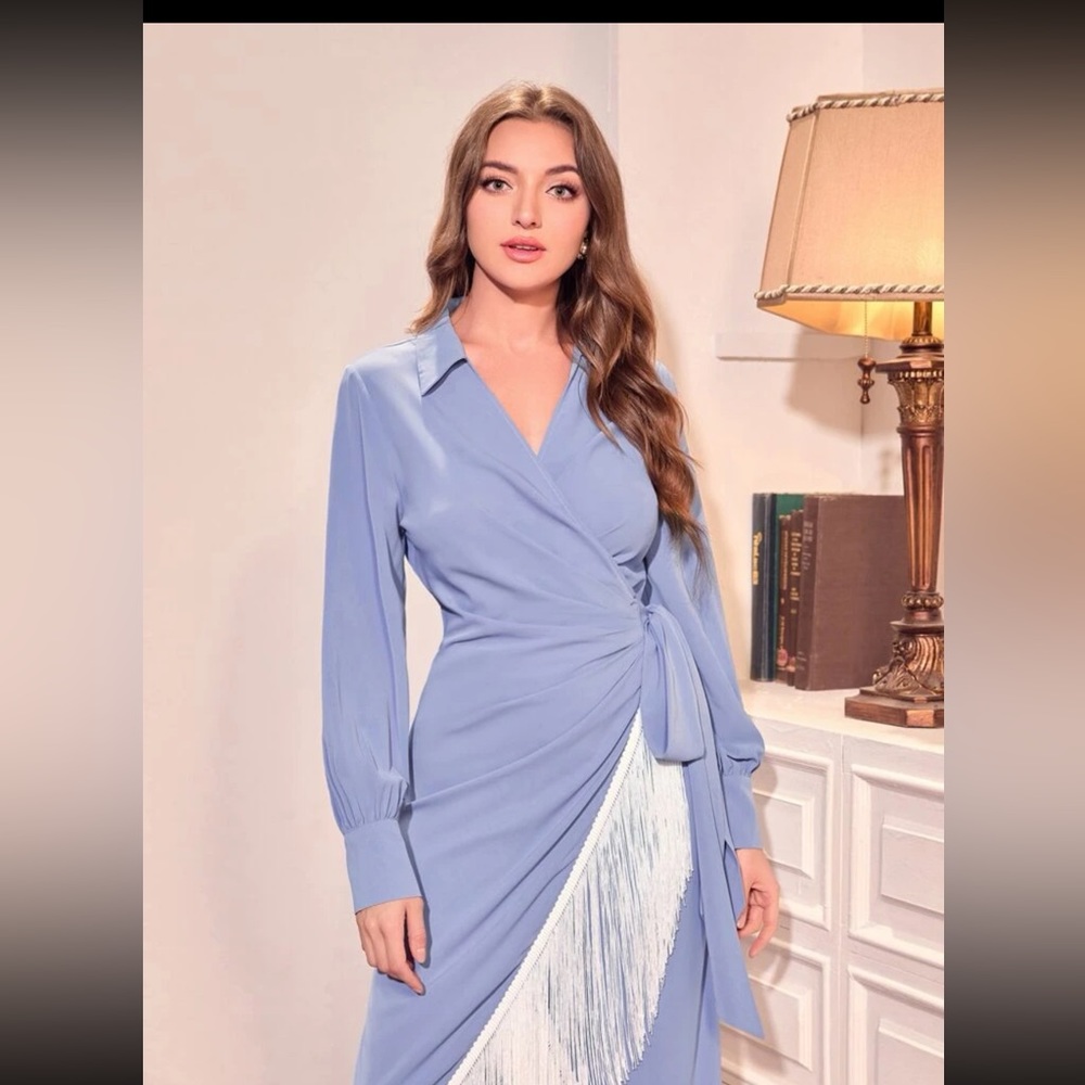 Powder Blue Fringe Wrap Dress Medium - Picture 10 of 10